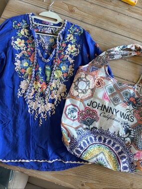 Johnny Was Cobalt Blue Embroidered V-Neck Tunic and a JW Bag